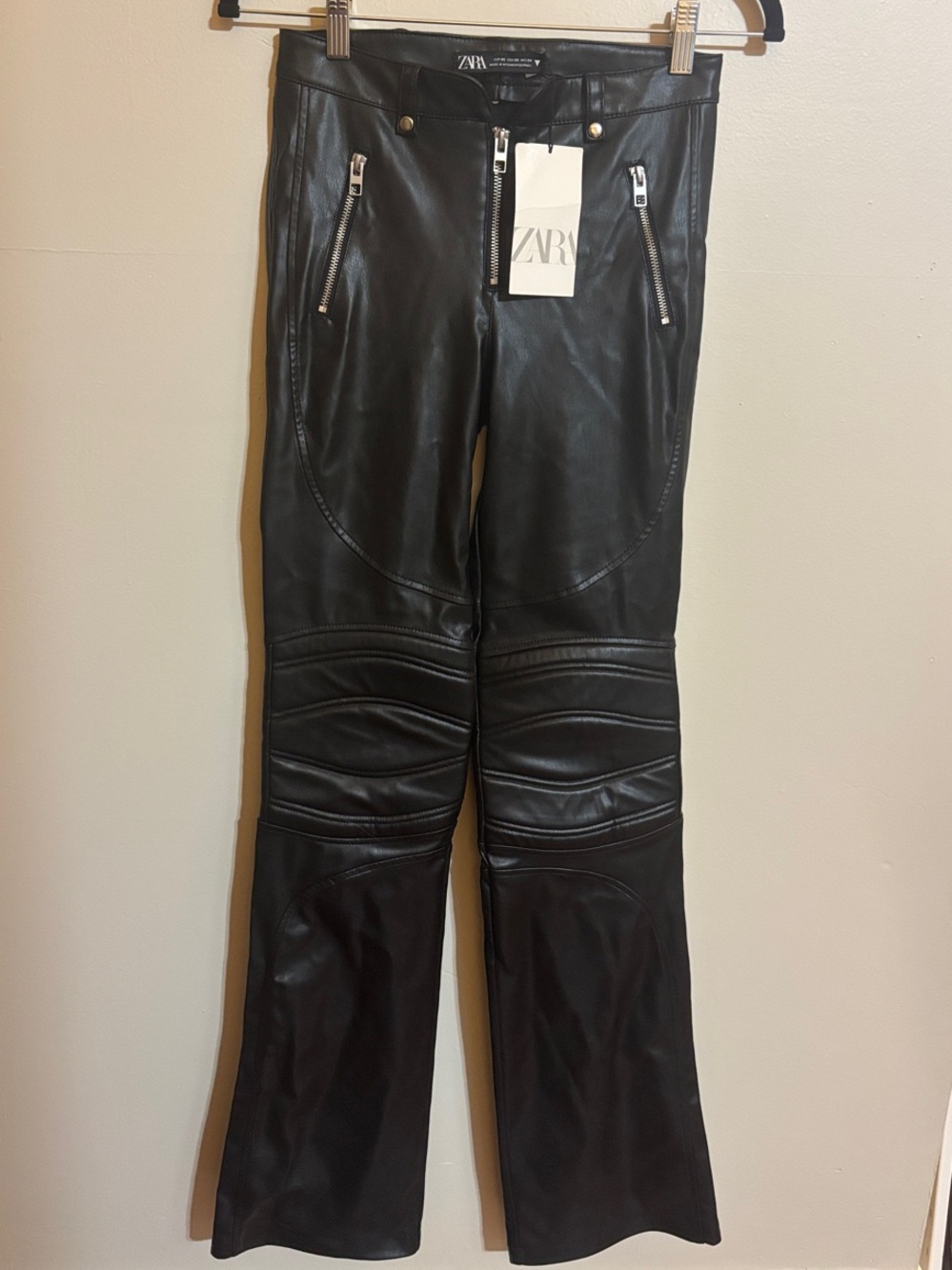 Zara Black Faux Leather Flared Moto Pants NWT: size XS
